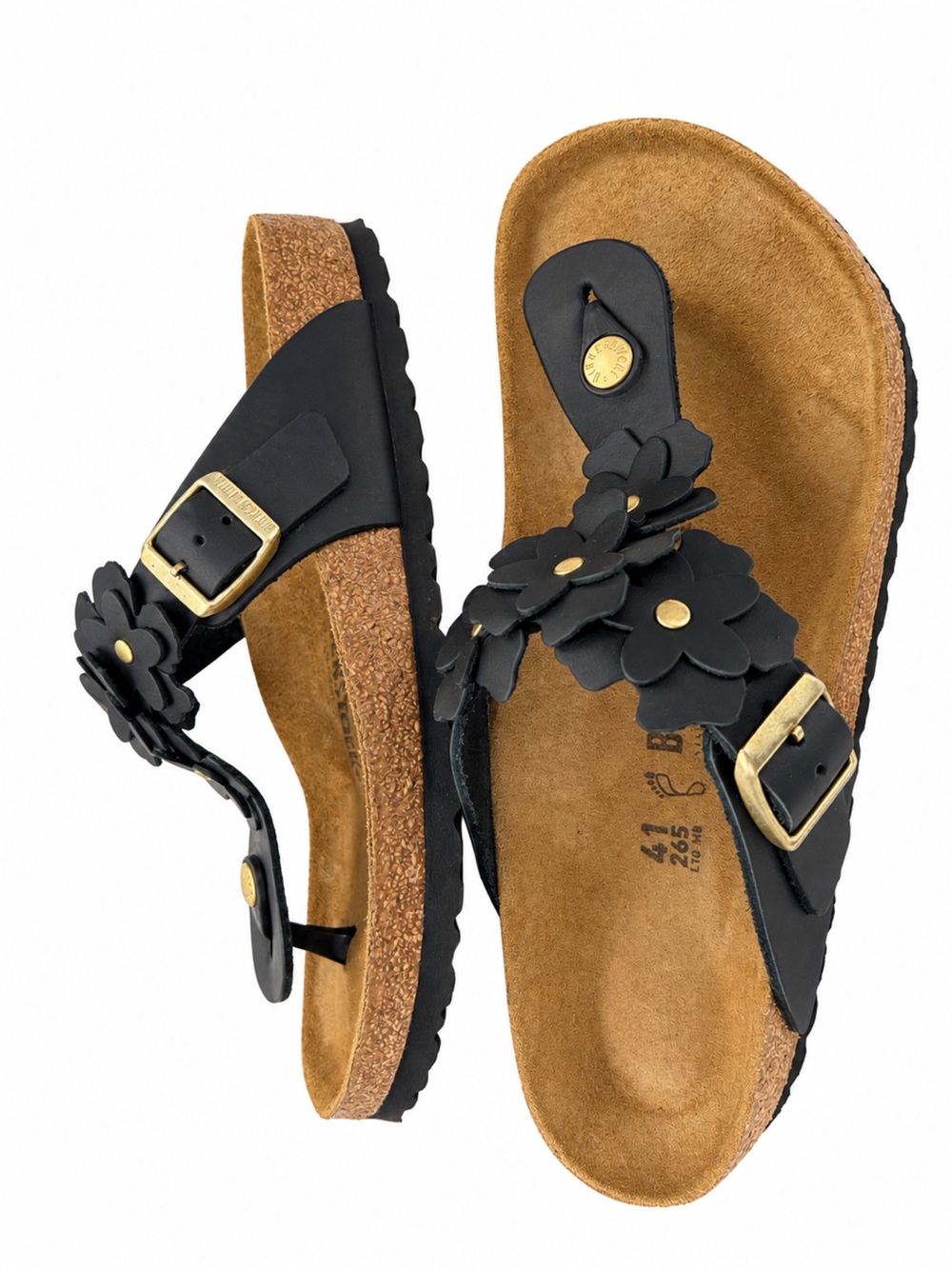Birkenstock Gizeh Flowers Black Leather Sandals EU 41 US 10-10.5 Boho Floral